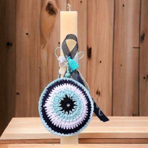 Πασχαλινή Λαμπάδα Με Πλεκτό Μάτι Λευκό Μπλέ