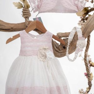 Βαπτιστικό Φόρεμα Λευκό Ροζ Δαντέλα Κ65Π