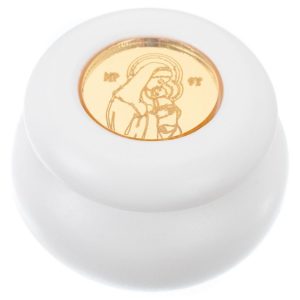 Μπομπονιέρα Μπιζουτιέρα Μακαρόν Λευκό Με Plexiglass Στοιχείο Παναγίτσα